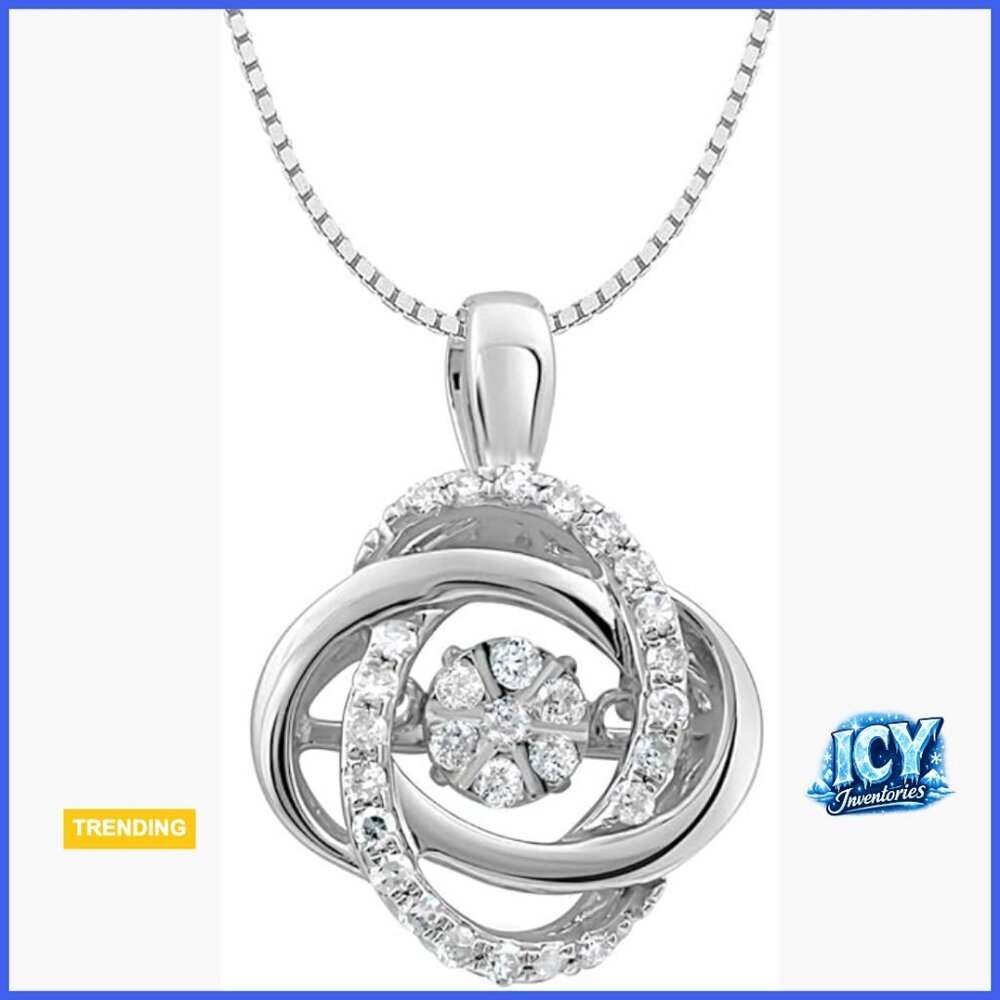 Sterling Silver Love Knot Necklace with Dancing Diamond Cluster 18 Inch Chain